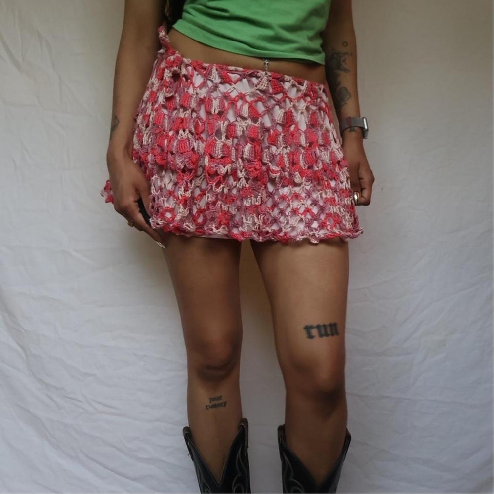 Crochet Handmade Pink and Cream Knit Mini Skirt